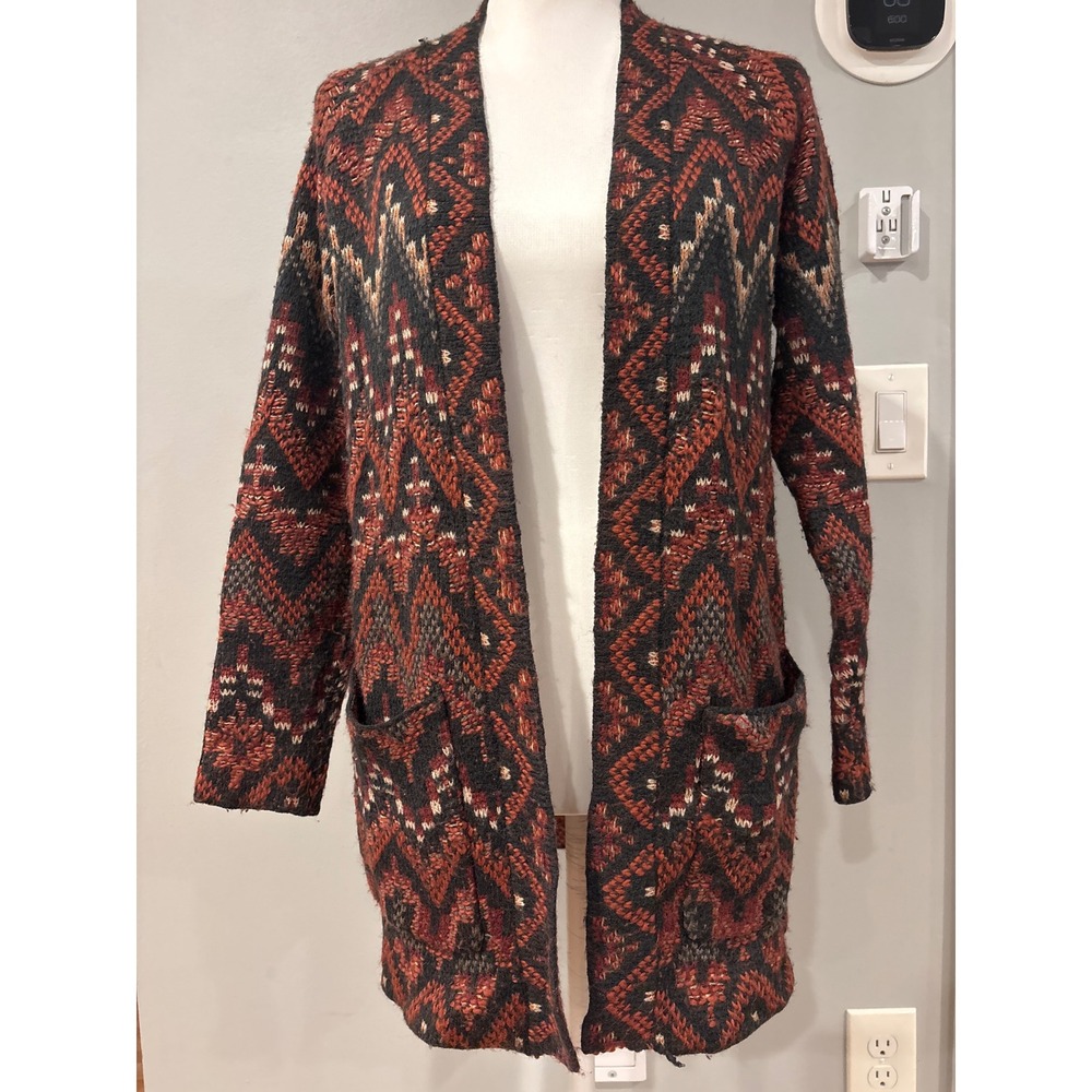 Lucky Brand Womens XS Southwestern Geometric Wool Blend Open Front Cardigan Rust
